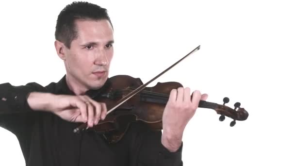 Красива Чоловіча Скрипалька Чорній Сорочці Виконує Повільну Мелодію Класичній Скрипці — стокове відео
