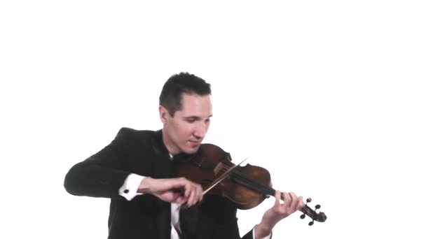 Violinista Hermoso Masculino Esmoquin Realiza Magistralmente Composición Rápida Sobre Violín — Vídeo de stock