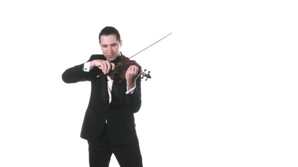 Giovane Virtuoso Violinista Smoking Esegue Una Lenta Melodia Violino Classico — Video Stock