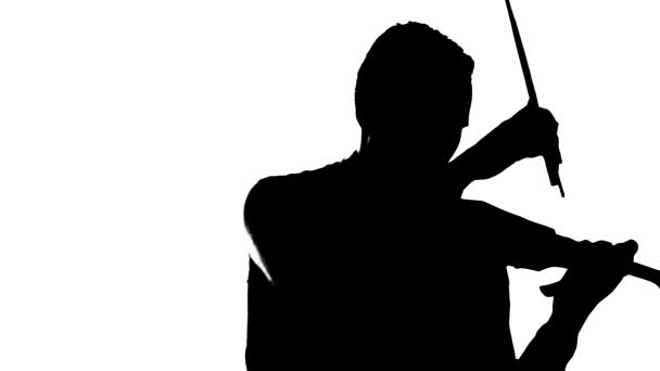 年轻的男性小提琴手演奏古典小提琴 白色背景上的黑色轮廓 中长枪 — 图库视频影像