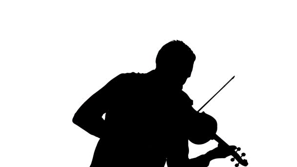 才华横溢的小提琴手 能快速演奏古典小提琴 中远距离射击 白色背景上的黑色轮廓 — 图库视频影像