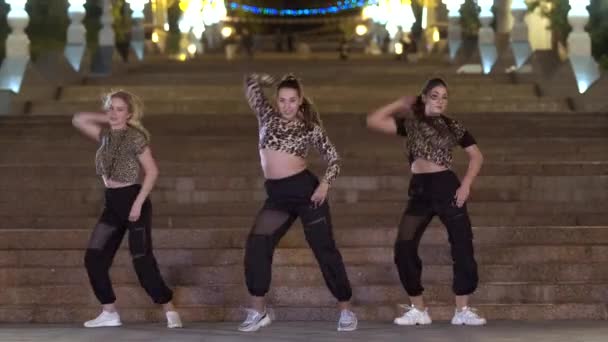 三个身穿豹纹T恤的年轻女子 傍晚时分 在一个古老的石阶前跳着舞 跳着现代的舞 — 图库视频影像