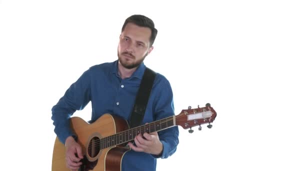 Handsome Man Beard Plays Beautiful Melody Acoustic Guitar White Background — Stock Video