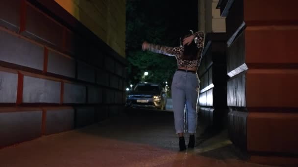 Energieke Jonge Vrouw Luipaard Shirt Dansen Straat Dans Boog Late — Stockvideo