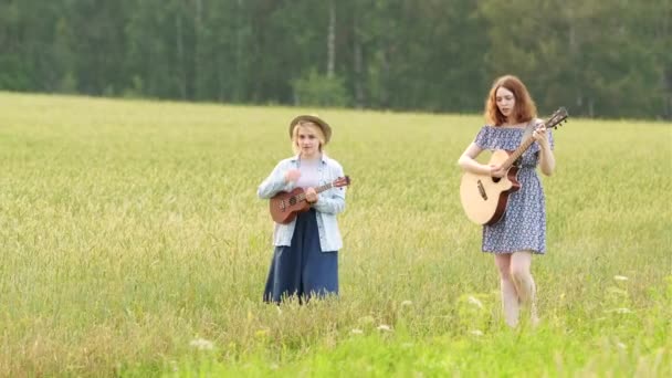 Две Милые Женщины Идут Дороге Вдоль Поля Фоне Зеленого Леса — стоковое видео