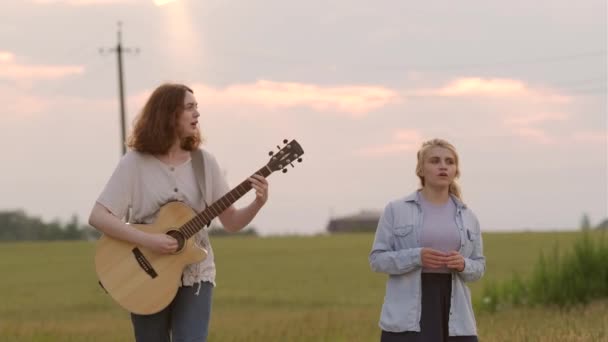 Dwie Piękne Dziewczęta Spacerują Śpiewają Polu Pszenicy Zachodzie Słońca Letni — Wideo stockowe