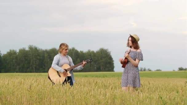 Zwei Junge Schöne Frauen Spielen Country Musik Auf Gitarre Und — Stockvideo