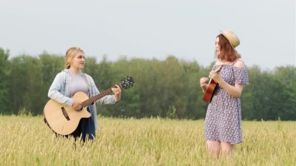 Dos Mujeres Hermosas Jóvenes Tocan Música Country Guitarra Ukelele Campo — Vídeos de Stock