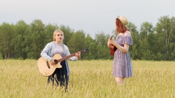 Två Unga Vackra Kvinnor Spelar Countrymusik Gitarr Och Ukulele Vetefält — Stockvideo