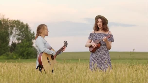 Duet Two Cute Girls Playing Country Music Guitar Ukulele Wheat — Stock Video