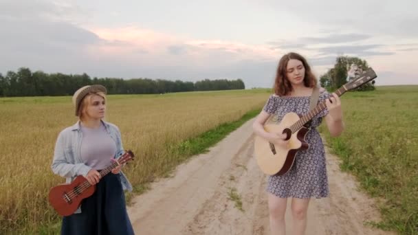 Duett Süßer Fröhlicher Mädchen Weizenfeldstraße Bei Sonnenuntergang Sommerabend Gitarre Und — Stockvideo