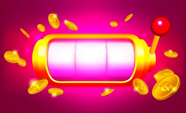 Drehen und gewinnen Spielautomat mit Münzen auf sattem rosa Hintergrund — Stockvektor