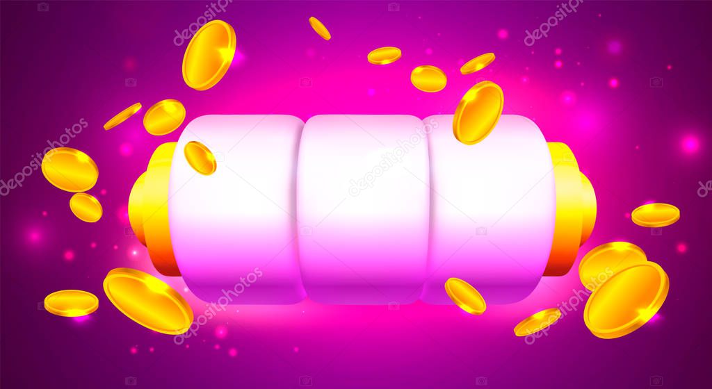 Cartoon Slot Machine with Empty Reels on Pink Background with Coins