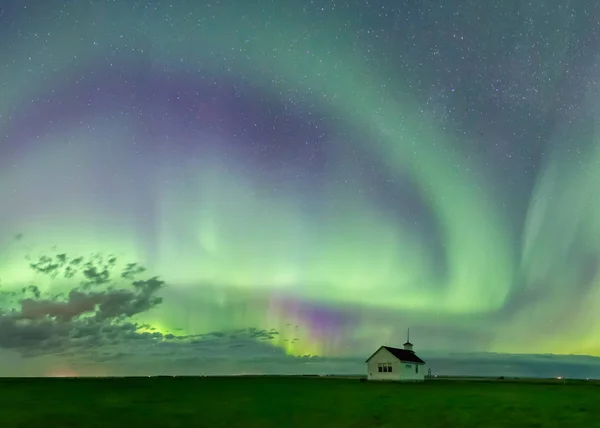 Vortice Aurora Boreale Aurora Boreale Sopra Storica Scuola North Saskatchewan — Foto Stock