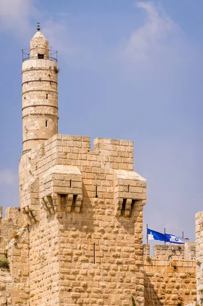 Torre David Muralhas Cidade Velha Bandeira Israelense Voando Jerusalém Israel — Fotografia de Stock