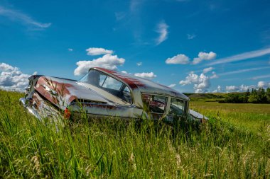 Wymark, SK / Kanada... 28 Haziran 2020 terk edilmiş Nash Rambler marka mavi sedan yamaçtaki uzun çimlerde