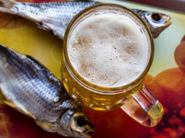 bira bardağı kurutulmuş balık masa üstü görünümü ile