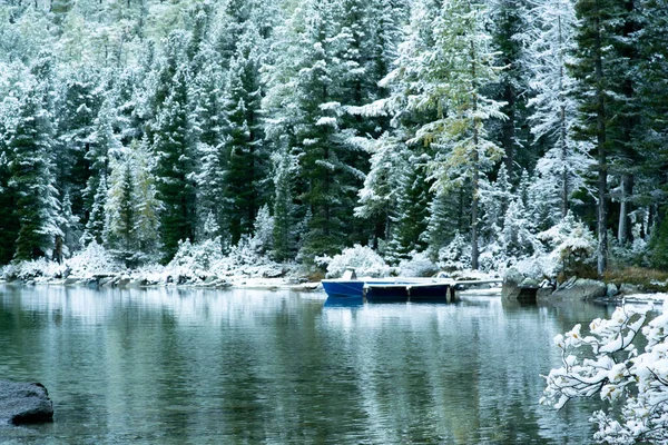 Barco Pesca Lago Montaña Con Telón Fondo Bosque Cubierto Nieve —  Fotos de Stock
