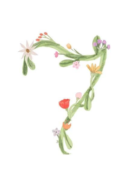 Bloemen Nummer Aquarel Witte Achtergrond Geïsoleerde Illustratie Voor Unieke Decoratie — Stockvector