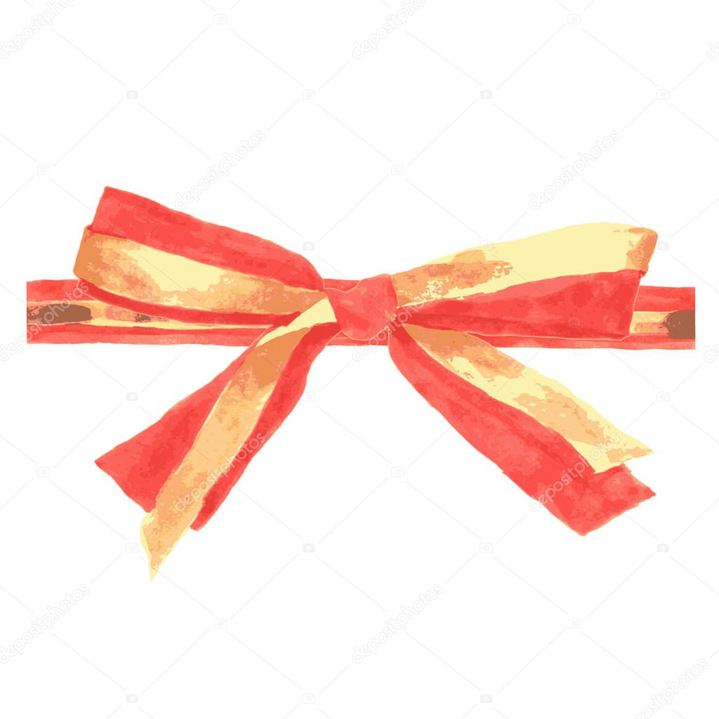 Red and gold watercolor bows and ribbons. Painting on white background. Isolated illustration for your unique decoration with card, poster, birthday party.