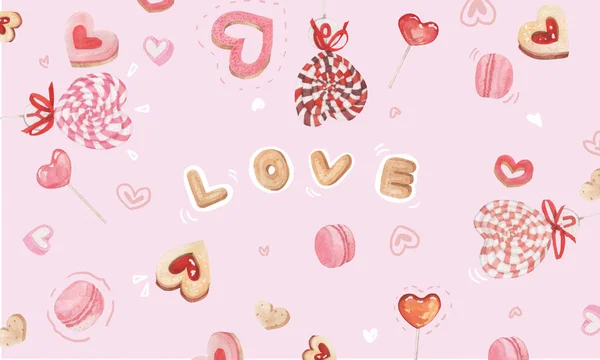 Watercolor sweets Set with heart candy, lollipops, pink sweets.  Isolated on pink background.