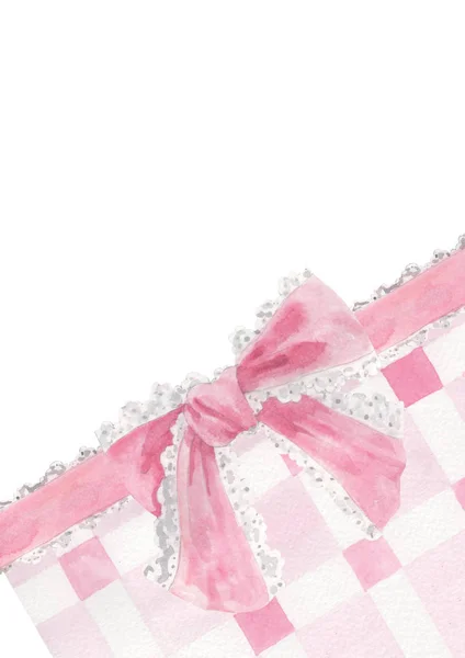 Fiocchi Acquerello Rosa Nastro Disegno Quadri Tartan Rosa Bianco Illustrazione — Foto Stock