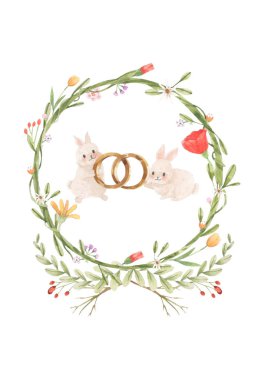 Suluboya tavşan ve çiçekleri, sarmaşık, yaprak çerçeve ile halka. Botanik süsleme kavramı. Beyaz arka plan üzerinde boyama. Tebrik kartı, Sevgililer kartı ile dekorasyon için izole illüstrasyon,