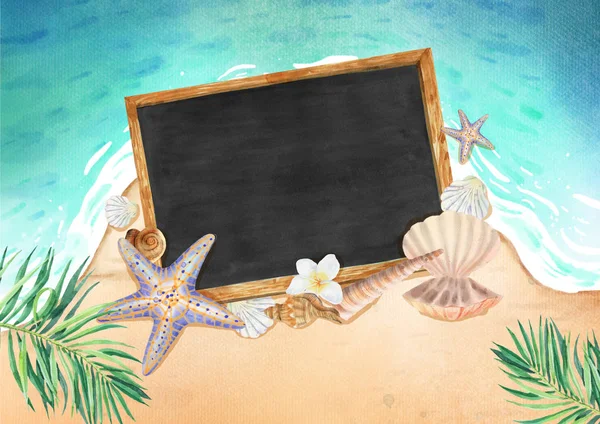 Watercolor Painting Background Blank Chalkboard Add Your Text Space Summer — Stock Photo, Image
