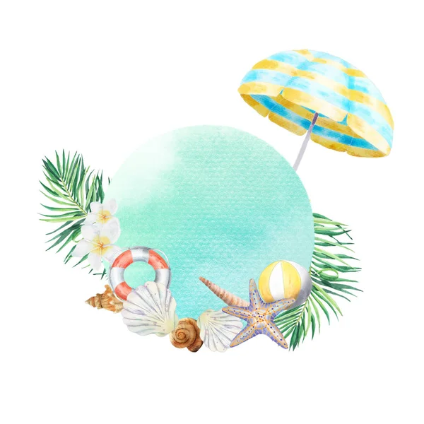 水彩画背景 海滩度假元素和带空白蓝色圆圈的热带叶子 用于在空间上添加文本 包括剪切路径 — 图库照片