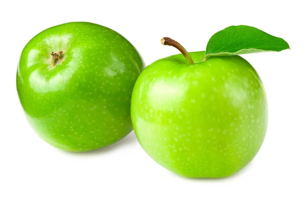 Manzanas Verdes Con Hojas Verdes Aisladas Sobre Fondo Blanco — Foto de Stock