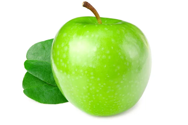 Una Manzana Verde Con Hojas Verdes Aisladas Sobre Fondo Blanco — Foto de Stock