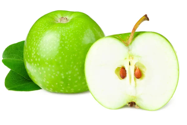 Pommes Vertes Avec Des Tranches Des Feuilles Vertes Isolées Sur — Photo