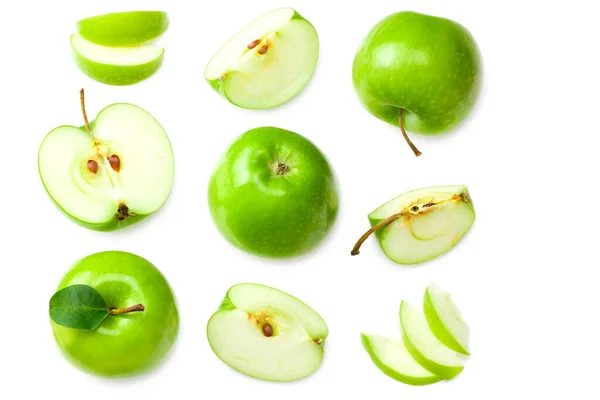 Pommes Vertes Avec Des Tranches Isolées Sur Fond Blanc Vue — Photo