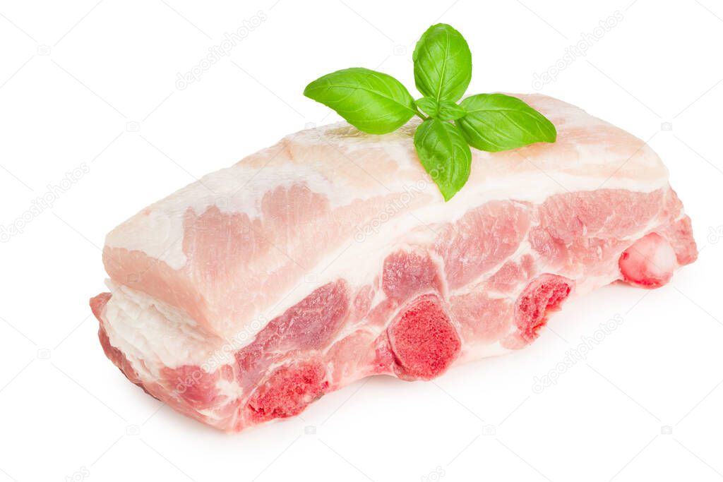 Raw pork ribs with basil isolated on white background