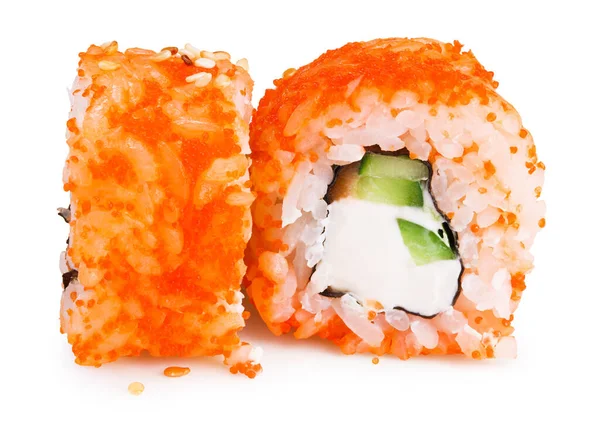 Sushi Roll Kalifornia Mięsem Krabowym Awokado Ogórek Wewnątrz Masago Wyczuwalny — Zdjęcie stockowe