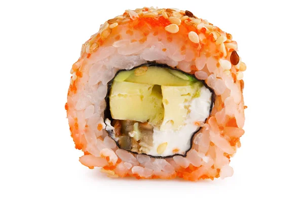 Sushi Roll Kalifornia Mięsem Krabowym Awokado Ogórek Wewnątrz Masago Wyczuwalny — Zdjęcie stockowe