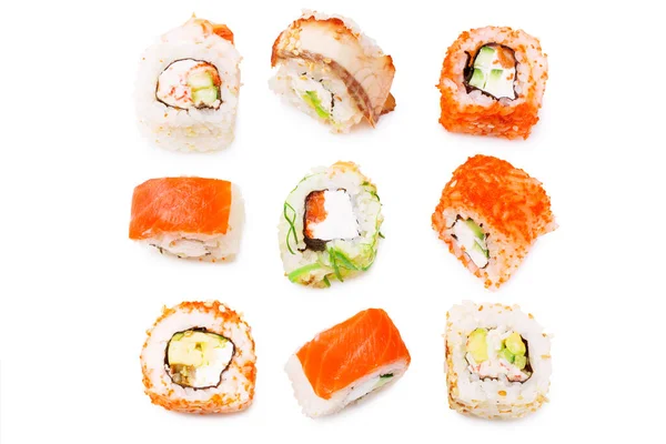 Diverse Heerlijke Sushi Roll Set Witte Achtergrond Bovenaanzicht Stockafbeelding