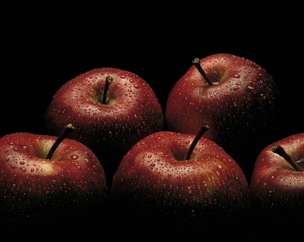 Fresh Red Apples Covered Water Droplets Black Background — Stock Photo, Image