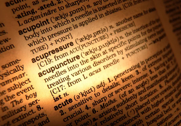 Close Dictionary Page Showing Definition Word Acupuncture — Stock Photo, Image