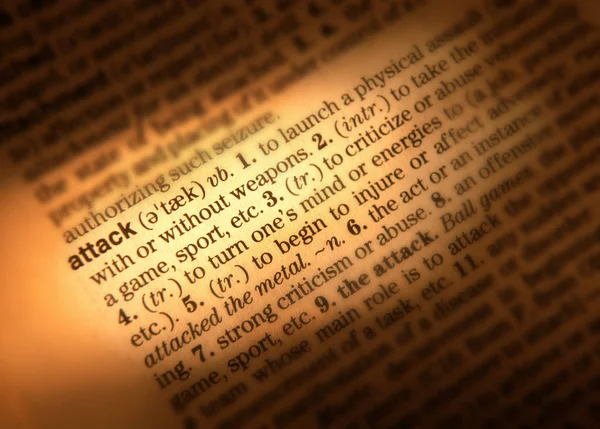 Close Dictionary Page Showing Definition Word Attack — Stock Photo, Image