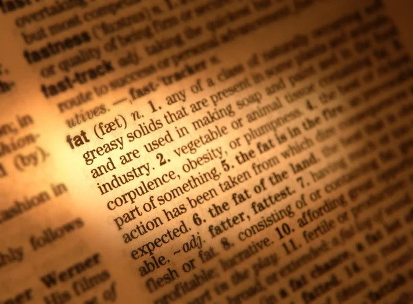 Zbliżenie Stronę Słownika Wyświetlono Definicji Słowa Tłuszczu — Zdjęcie stockowe