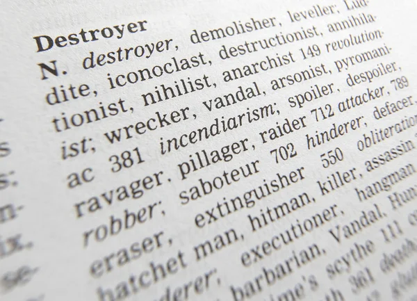 Synonym ordboks sida som visar definition av ordet Destroyer — Stockfoto