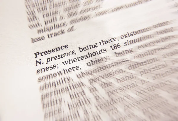 THESAURAS PAGE SHOWING DEFINTION OF WORD PRESENCE — Stock Photo, Image