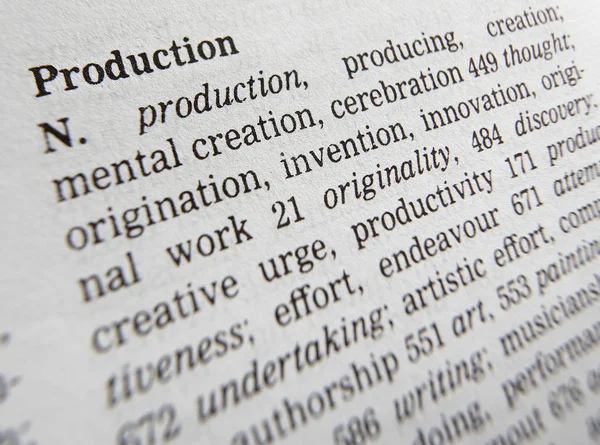 Thesaurus-Seite mit der Definition der Wortproduktion Stockfoto