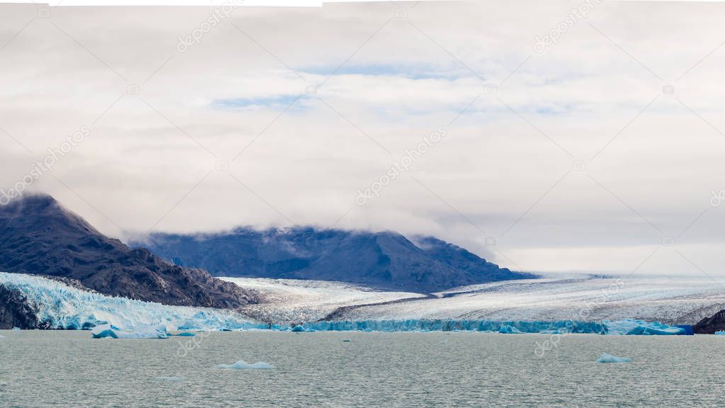 Panoramic of the Upsala Glacier in Argentina. Lake Argentino in Glaciers National Park, Patagonia. South Ice field in the Andes mountain range