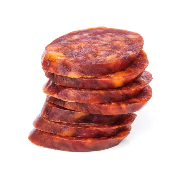 Chouriço ibérico, chouriço espanhol e salsicha espanhola cortados em — Fotografia de Stock