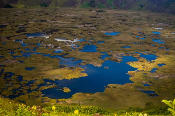 Lago dentro da cratera do vulcão Rano Kao na Ilha de Páscoa . — Fotografia de Stock