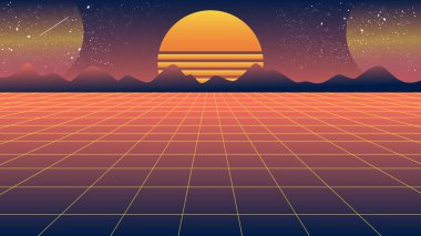 Parlak retro turuncu mavi arka plan fütüristik manzara 1980'lerin tarzı ile güneş ve dağ