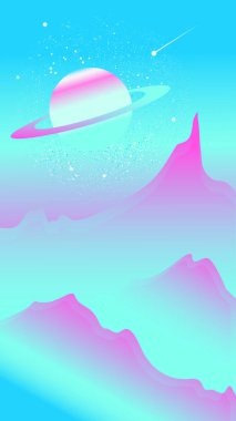 Manzara pembe tepeler, yıldız ve Satürn gezegeni. Vektör çizim. Parlak gradyan arka planı