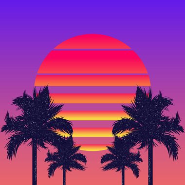 Retrowave güneş ve palmiye ağaçları
